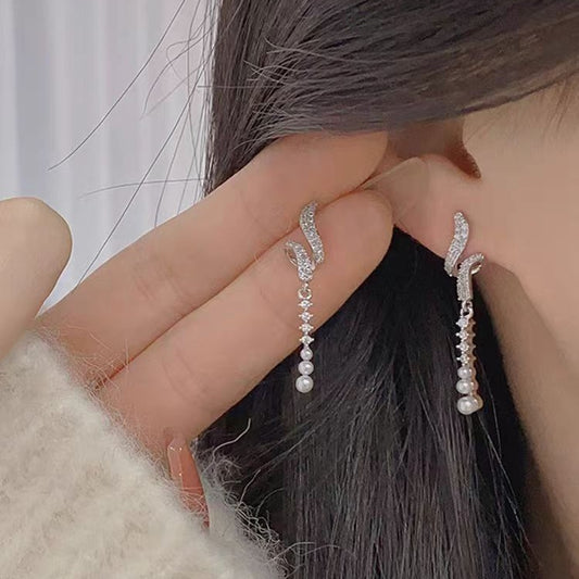 Zircon Pearl Tassel Earrings