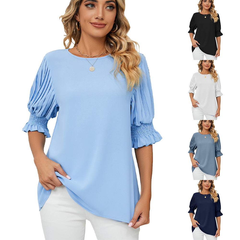 Solid Color Round Neck Ruffles Princess Sleeves Chiffon Blouses For Women