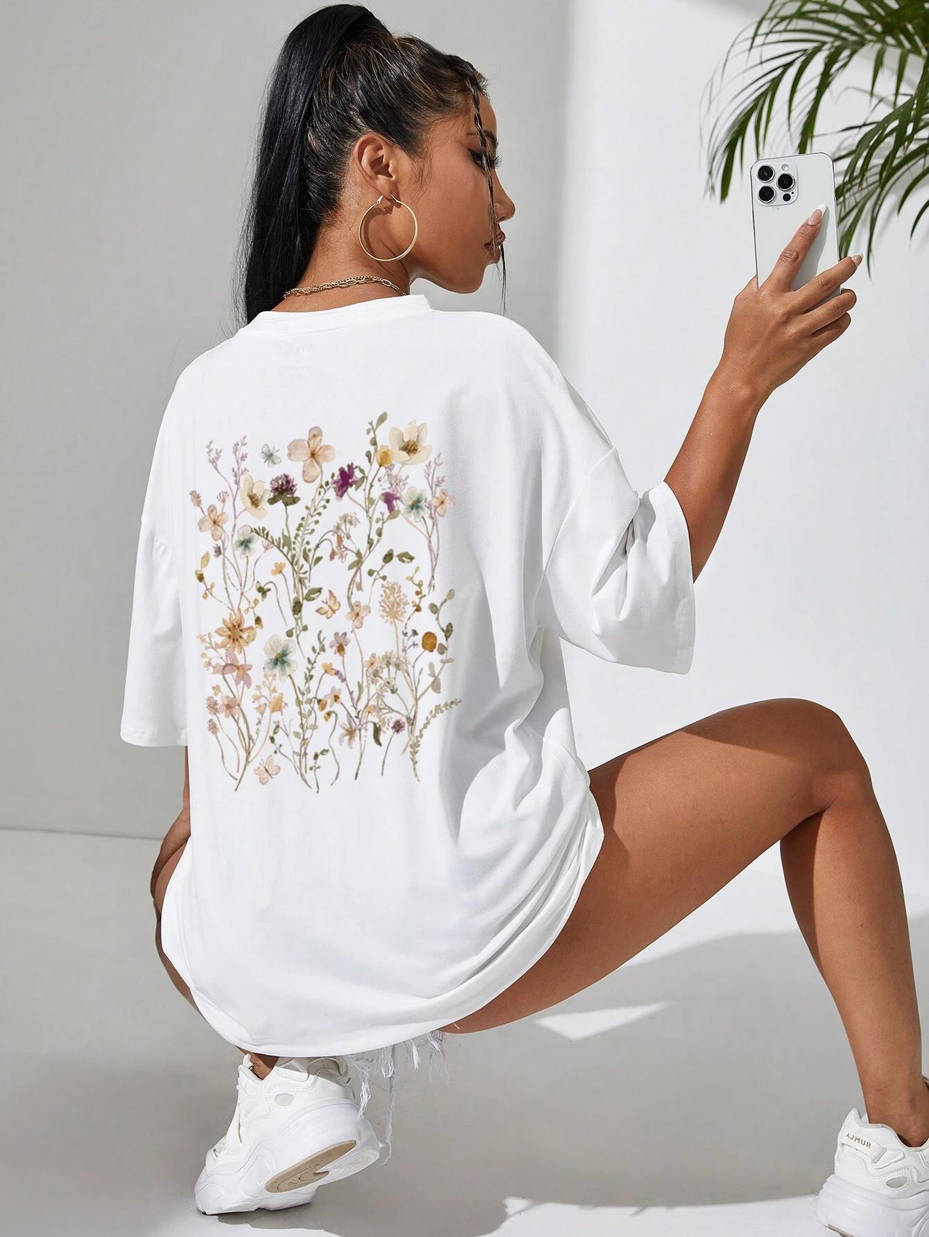 Beautiful Flower Clusters Print Cotton Women T-shirts Casual