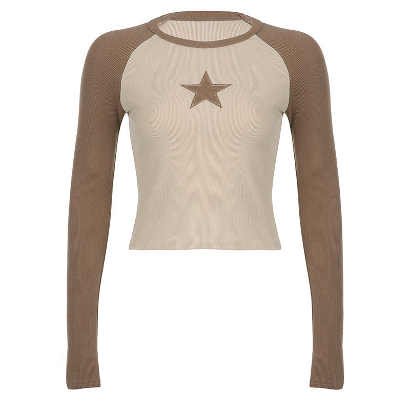 Stars Patchwork Long Sleeve T-shirts Women Slim Tops