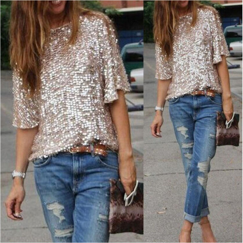 New Fashion Women Sexy Loose Off Shoulder Sequin Glitter Blouses Summer Casual Shirts Vintage Streetwear Party Tops