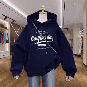 Fleece Navy Blue Design Print Hoodie