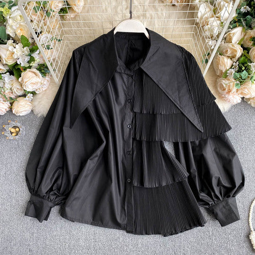 Fried Street Design Puff Sleeve Pleated Ruffle Blouse Women