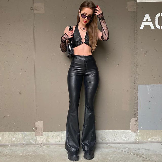 Women's PU Leather High Waist Stretch Fashion Bootleg Pants