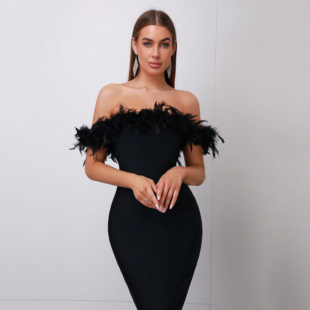 Off-neck Feather Women's Dress