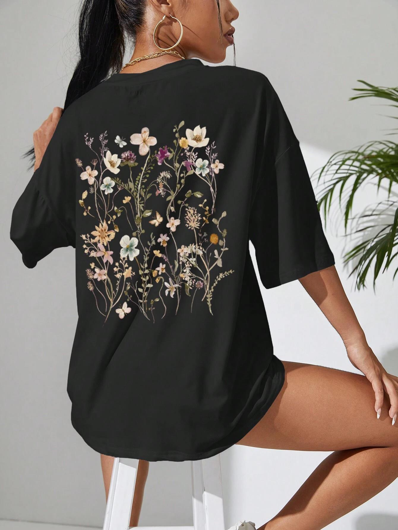 Beautiful Flower Clusters Print Cotton Women T-shirts Casual