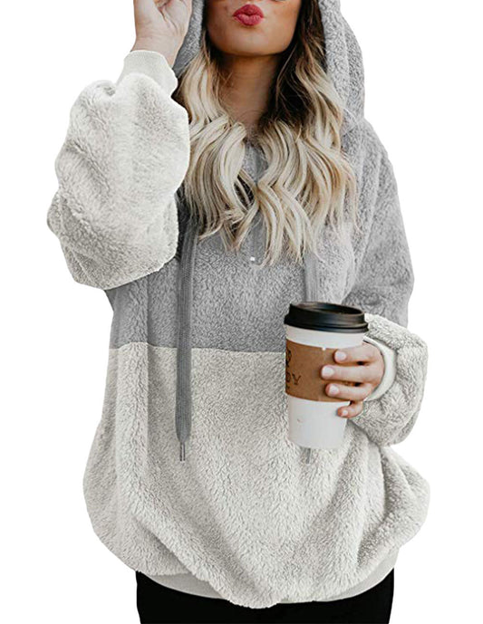 Women Casual Plush Hoodies Zipper Patchwork Hooded Drawstring Sweatshirt Autumn Winter Lady Hooded Warm Loose Tops