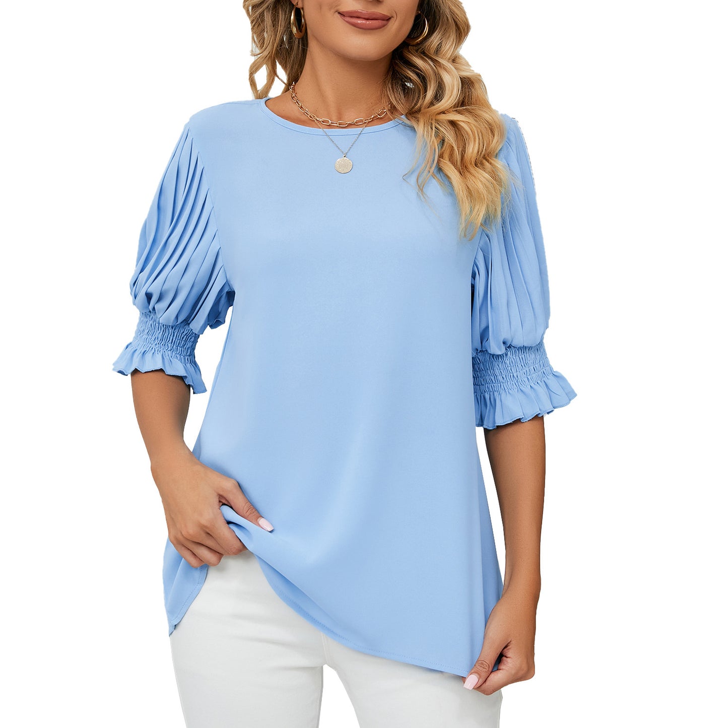 Solid Color Round Neck Ruffles Princess Sleeves Chiffon Blouses For Women