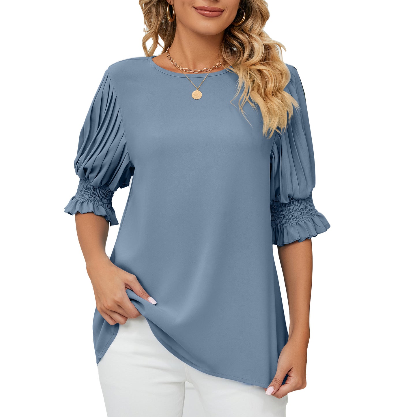 Solid Color Round Neck Ruffles Princess Sleeves Chiffon Blouses For Women