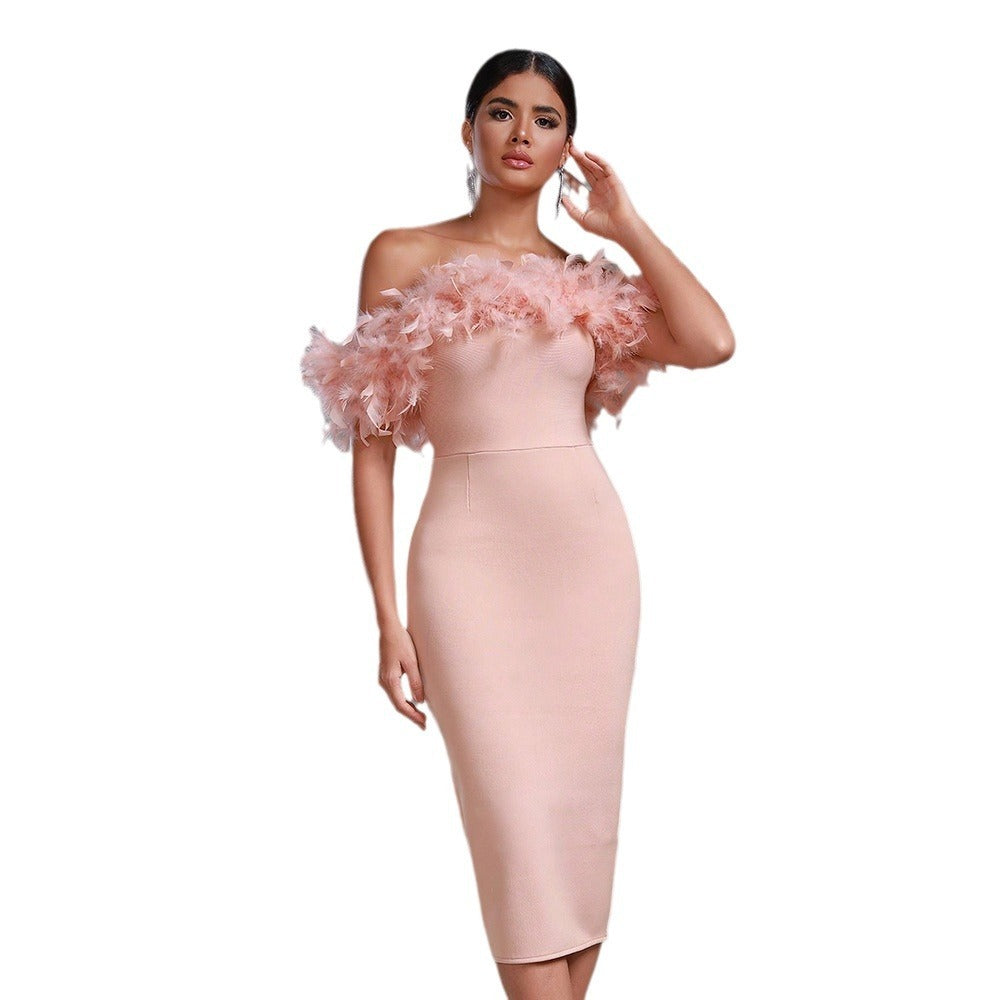 Off-neck Feather Women's Dress