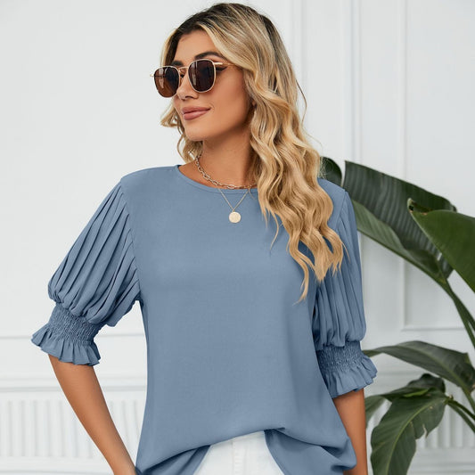 Solid Color Round Neck Ruffles Princess Sleeves Chiffon Blouses For Women