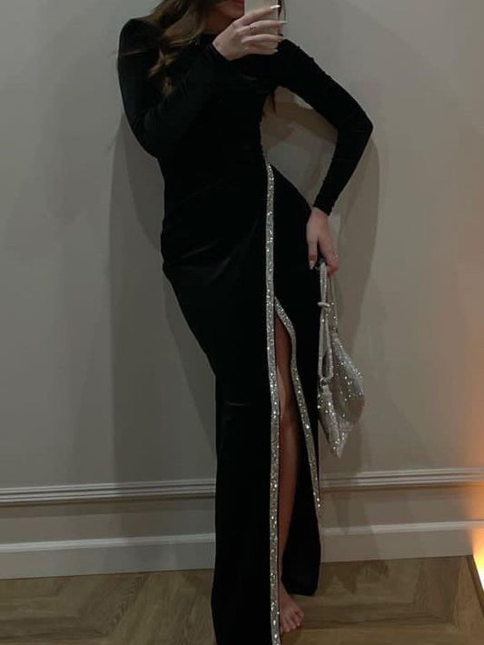 Velvet Paneled Sequin Slit Dress